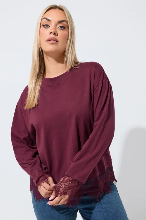 Yours Limited Curve Burgundy Red Lace Hem Long Sleeve Top - 16 Image 1