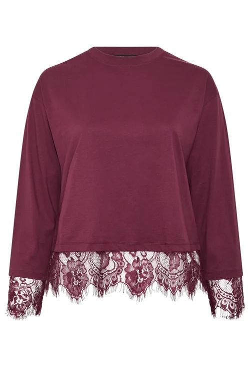Yours Limited Curve Burgundy Red Lace Hem Long Sleeve Top - 16 Image 5