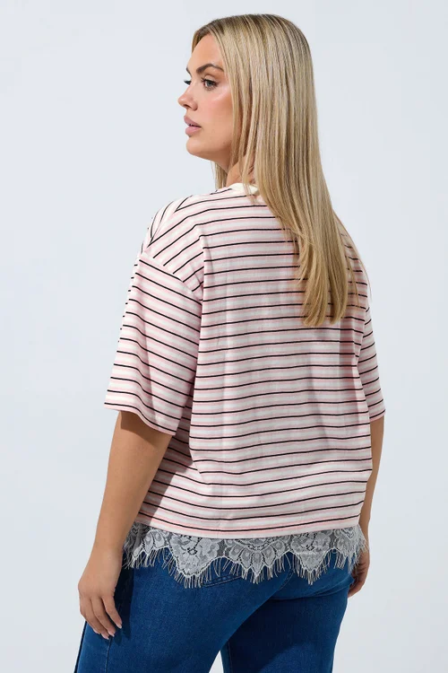 Yours Limited Curve Pink Stripe Lace Hem T-Shirt - 16 Image 3