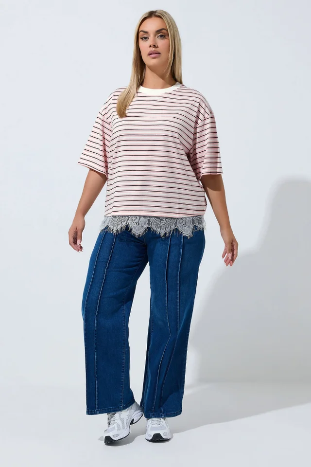 Yours Limited Curve Pink Stripe Lace Hem T-Shirt