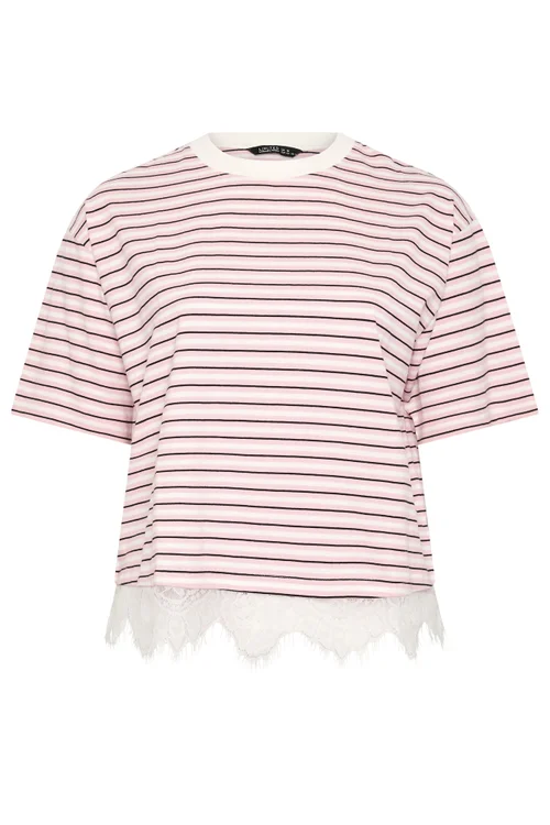 Yours Limited Curve Pink Stripe Lace Hem T-Shirt - 16 Image 5