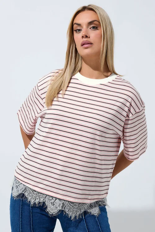 Yours Limited Curve Pink Stripe Lace Hem T-Shirt - 16 Image 1