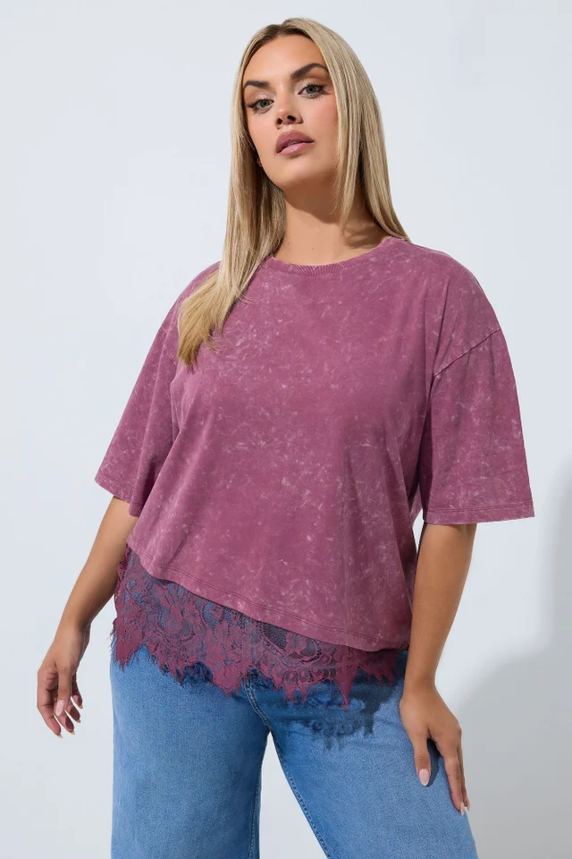Yours Limited Collection Curve Burgundy Red Acid Wash Lace T-Shirt