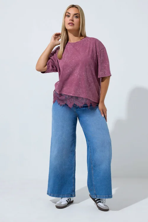 Yours Limited Collection Curve Burgundy Red Acid Wash Lace T-Shirt - 10 Image 2