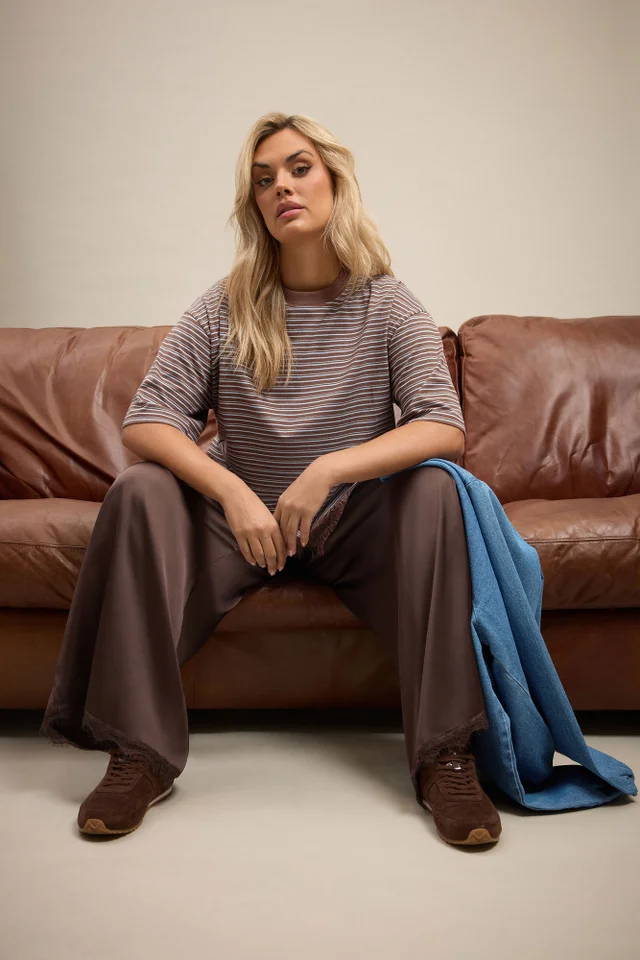Yours Limited Collection Curve Chocolate Brown Stripe Lace Hem T-Shirt