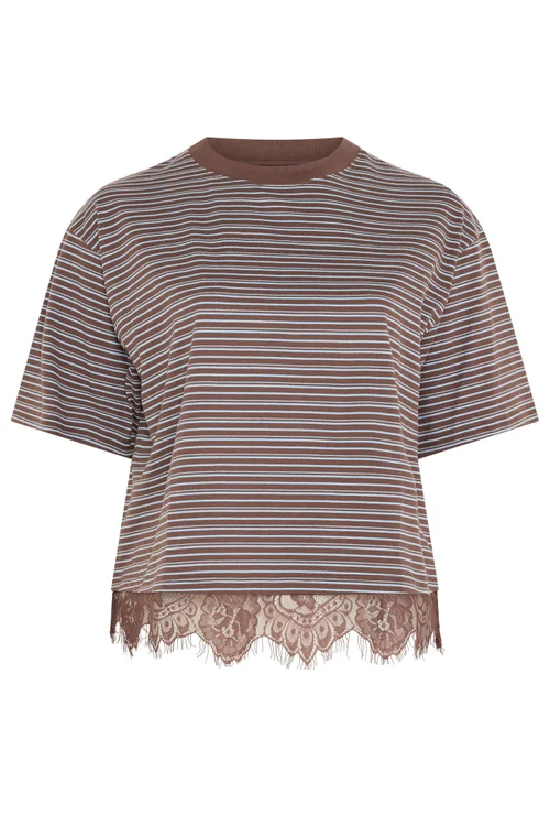 Yours Limited Collection Curve Chocolate Brown Stripe Lace Hem T-Shirt - 22-24 Image 5