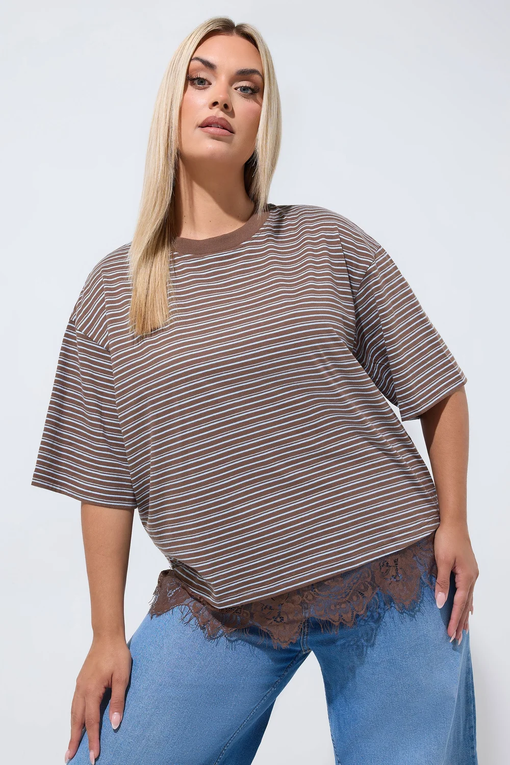 Yours Limited Collection Curve Chocolate Brown Stripe Lace Hem T-Shirt - 22-24 Image 1
