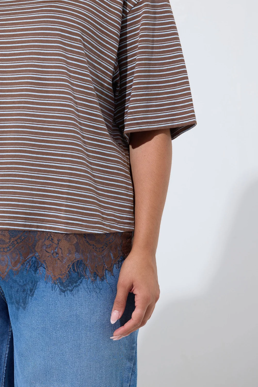Yours Limited Collection Curve Chocolate Brown Stripe Lace Hem T-Shirt - 22-24 Image 4