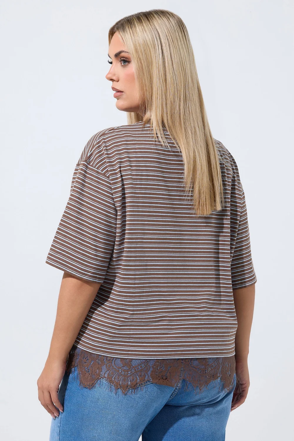 Yours Limited Collection Curve Chocolate Brown Stripe Lace Hem T-Shirt - 22-24 Image 3