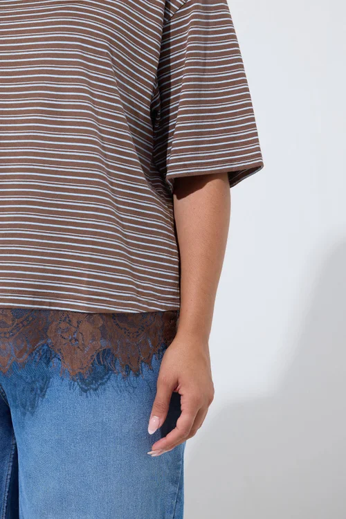 Yours Limited Collection Curve Chocolate Brown Stripe Lace Hem T-Shirt - 12 Image 4