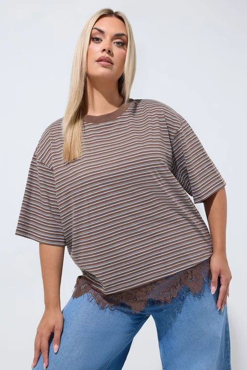 Yours Limited Collection Curve Chocolate Brown Stripe Lace Hem T-Shirt - 12 Image 1