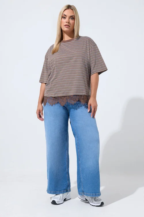 Yours Limited Collection Curve Chocolate Brown Stripe Lace Hem T-Shirt - 12 Image 2