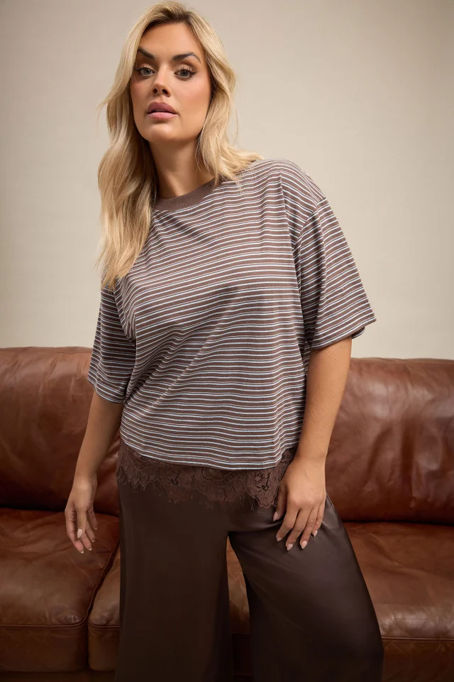 Yours Limited Collection Curve Chocolate Brown Stripe Lace Hem T-Shirt