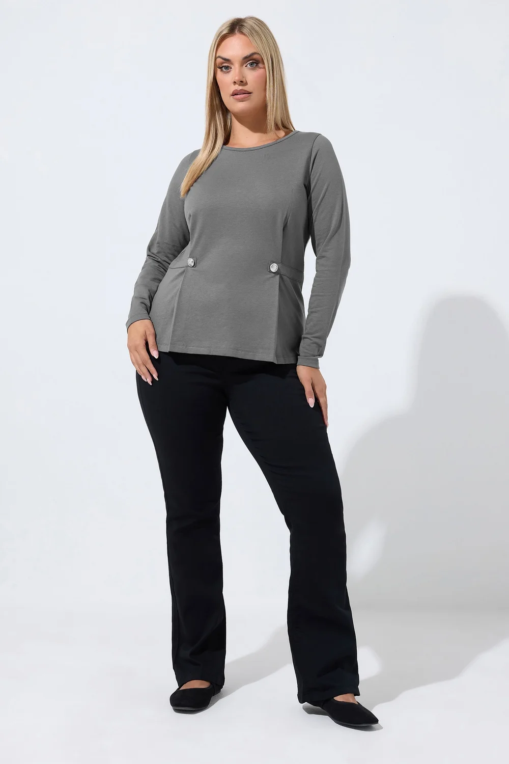 Yours Limited Collection Curve Grey Button Waist Detail Top - 22-24 Image 2