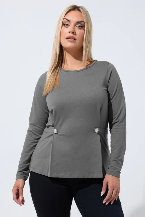 Yours Limited Collection Curve Grey Button Waist Detail Top - 22-24 Image 1