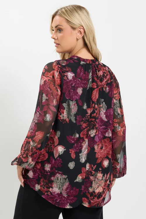 Yours Curve Black Floral Frill Neck Blouse - 16 Image 4
