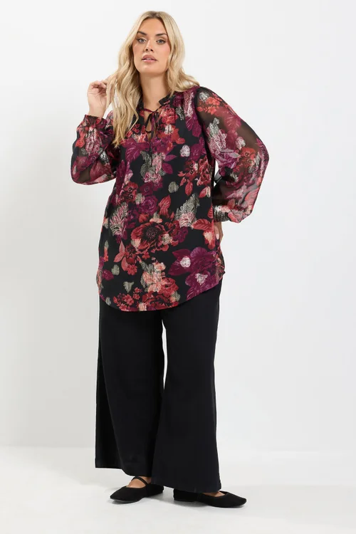 Yours Curve Black Floral Frill Neck Blouse - 16 Image 3