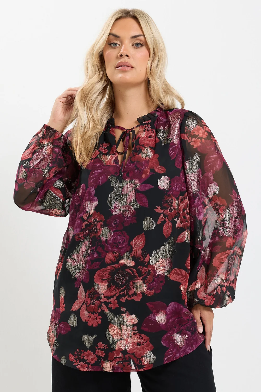 Yours Curve Black Floral Frill Neck Blouse - 16 Image 1