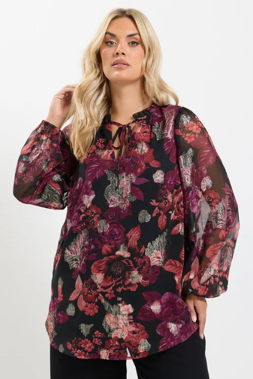 Yours Curve Black Floral Frill Neck Blouse - 16 Image 1