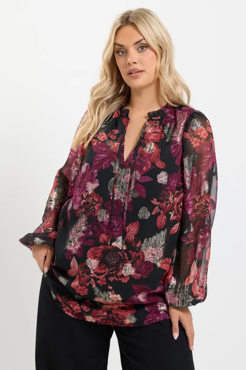 Yours Curve Black Floral Frill Neck Blouse - 16 Image 2