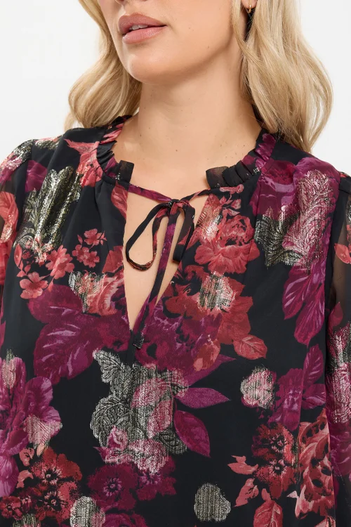 Yours Curve Black Floral Frill Neck Blouse - 16 Image 5