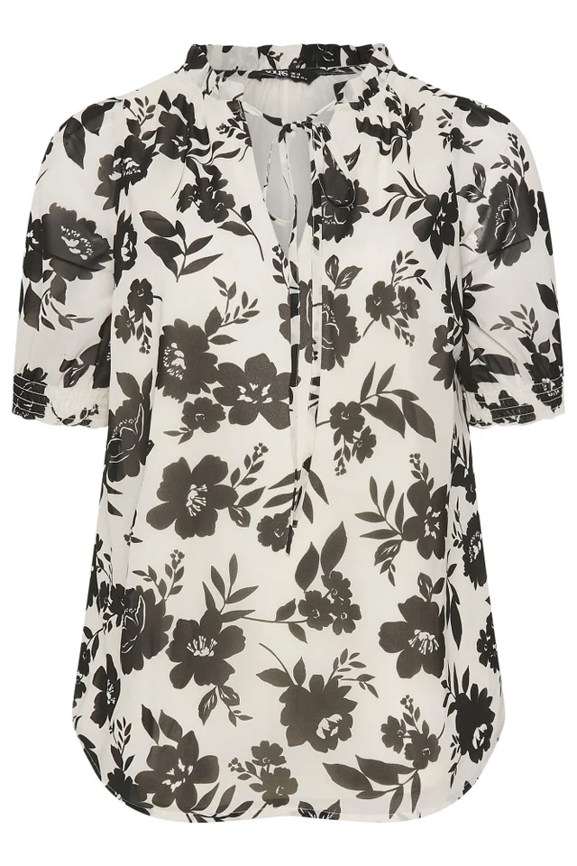 Yours Curve White & Black Floral Frill Neck Blouse
