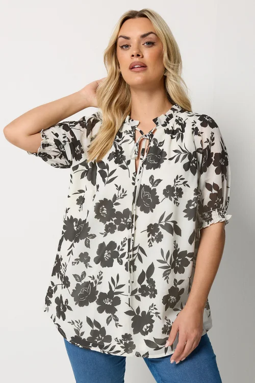 Yours Curve White & Black Floral Frill Neck Blouse - 26-28 Image 1
