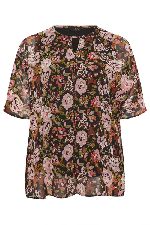 Yours Curve Black Floral Print Keyhole Detail Top - 26-28 Image 2