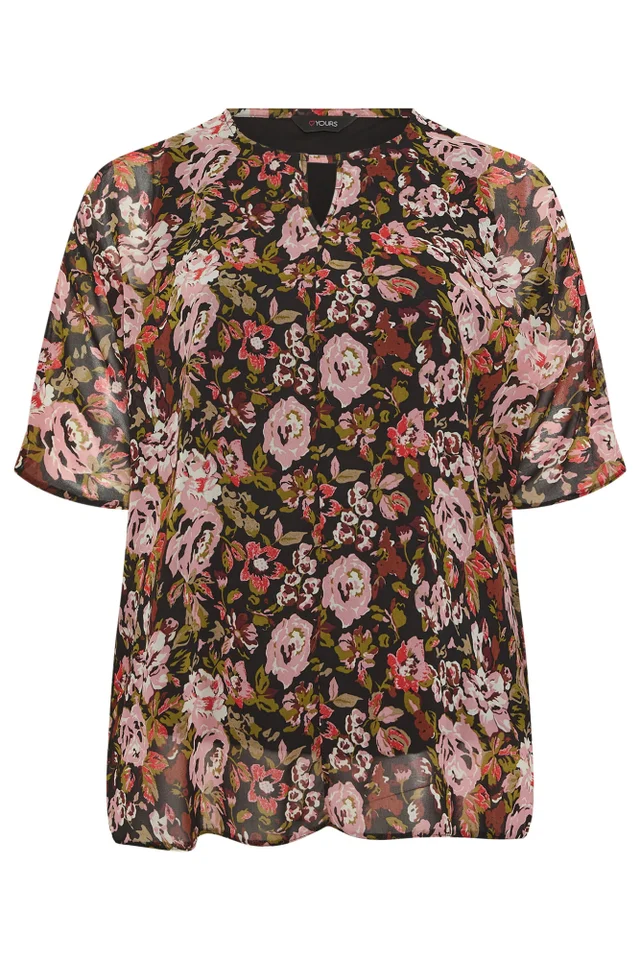 Yours Curve Black Floral Print Keyhole Detail Top