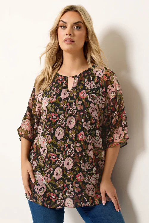 Yours Curve Black Floral Print Keyhole Detail Top - 26-28 Image 1