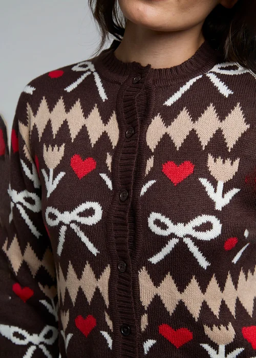 Wednesdays Girl Brown Bow Knit Long Sleeve Button Cardigan - L Image 3