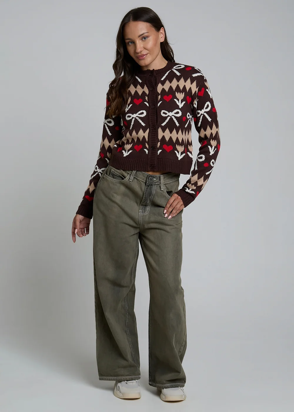 Wednesdays Girl Brown Bow Knit Long Sleeve Button Cardigan - L Image 4
