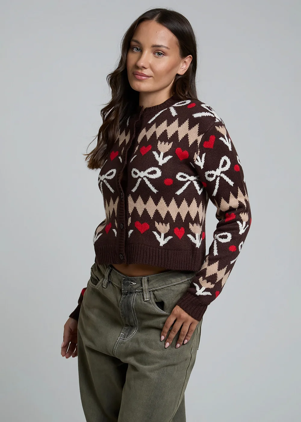 Wednesdays Girl Brown Bow Knit Long Sleeve Button Cardigan - L Image 1