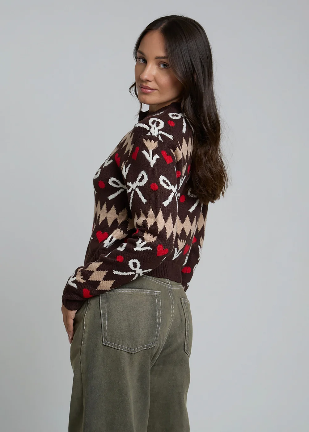 Wednesdays Girl Brown Bow Knit Long Sleeve Button Cardigan - L Image 2