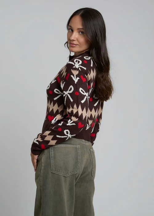 Wednesdays Girl Brown Bow Knit Long Sleeve Button Cardigan - L Image 2