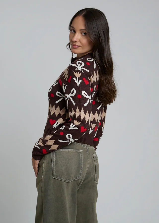 Wednesdays Girl Brown Bow Knit Long Sleeve Button Cardigan
