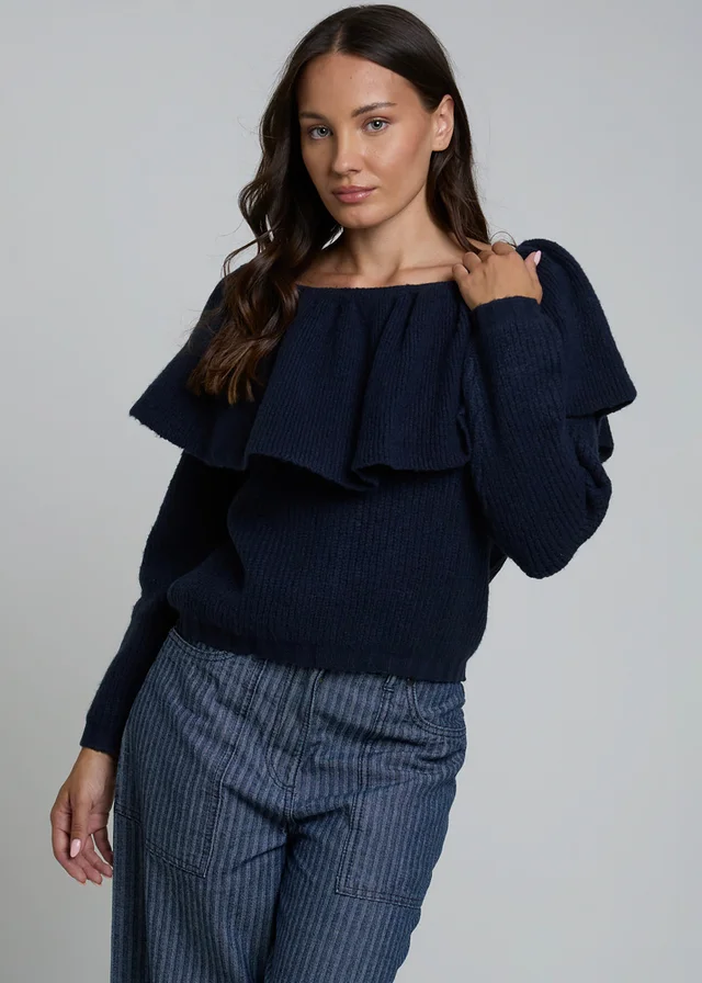 Wednesdays Girl Navy Off-the-Shoulder Ruffle Long Sleeve Jumper