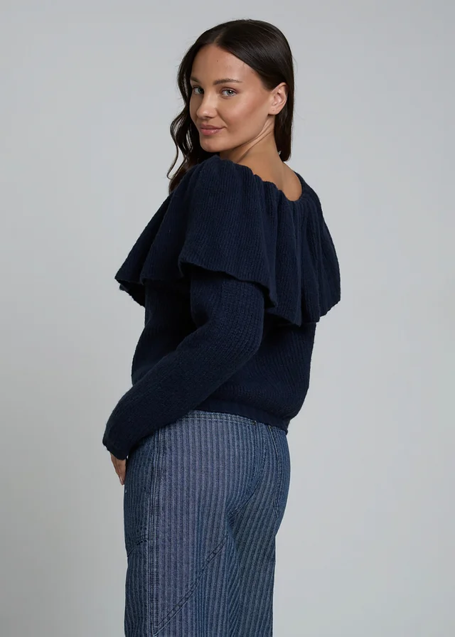 Wednesdays Girl Navy Off-the-Shoulder Ruffle Long Sleeve Jumper