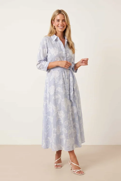 Style Cheat Blue Burnout Shirt Dress 3/4 Sleeve Maxi - 12 Image 1