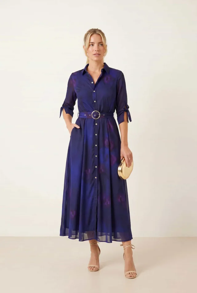 Style Cheat Blue Daphne Dress Abstract Print Midi With Gold Buckle Belt