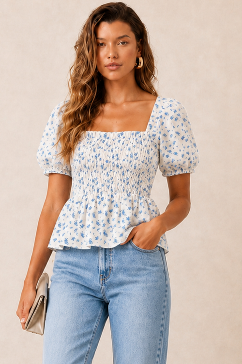 Style Cheat Blue Floral Sheer Ditsy Print Puff Sleeves Shirred Top - 10 Image 1
