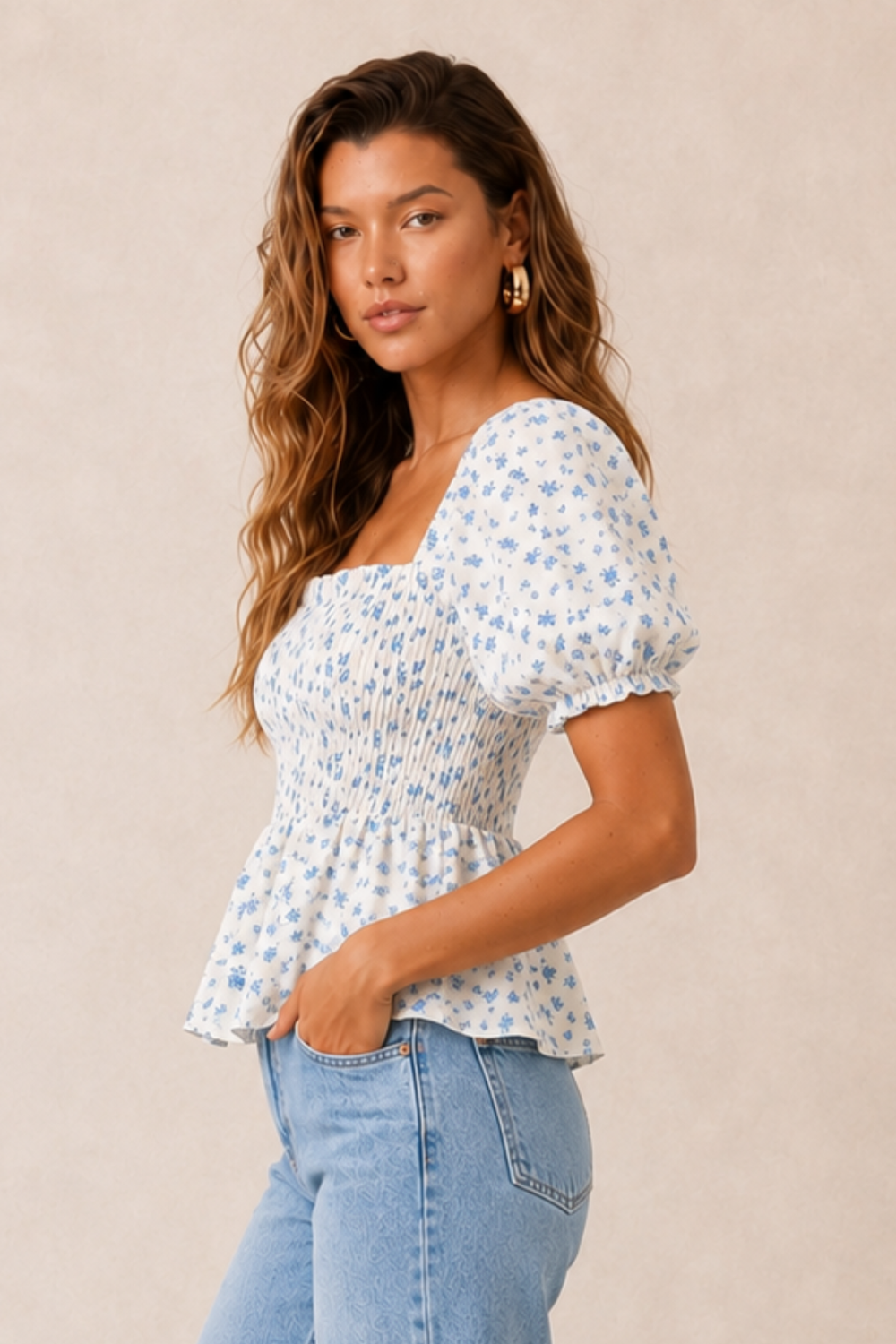 Style Cheat Blue Floral Sheer Ditsy Print Puff Sleeves Shirred Top - 10 Image 2