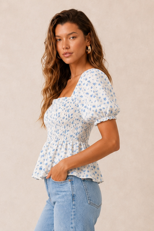 Style Cheat Blue Floral Sheer Ditsy Print Puff Sleeves Shirred Top - 10 Image 2