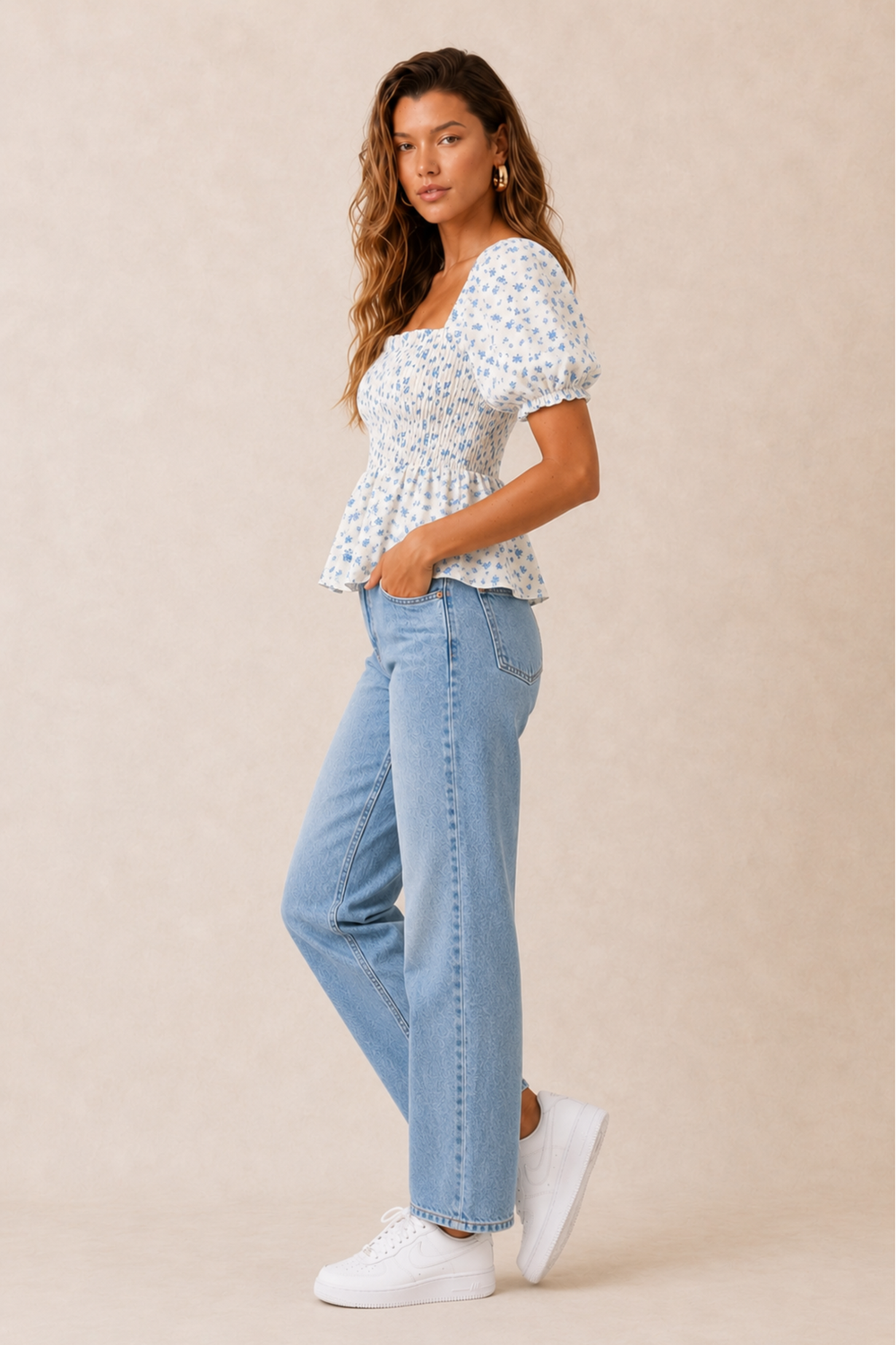 Style Cheat Blue Floral Sheer Ditsy Print Puff Sleeves Shirred Top - 10 Image 4