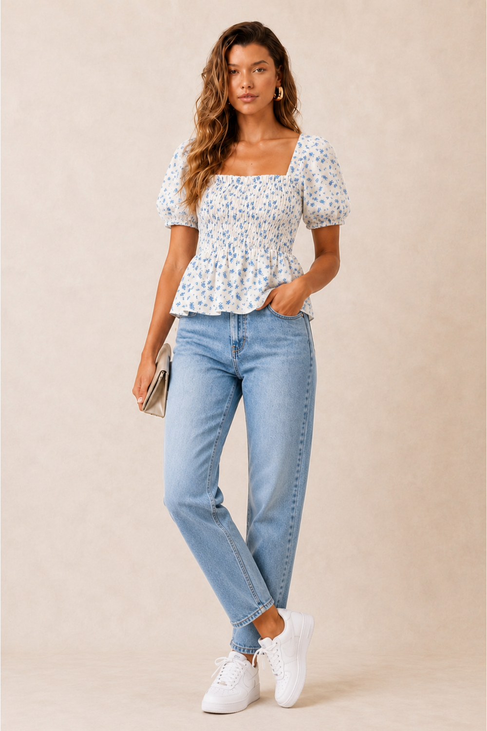 Style Cheat Blue Floral Sheer Ditsy Print Puff Sleeves Shirred Top - 10 Image 3