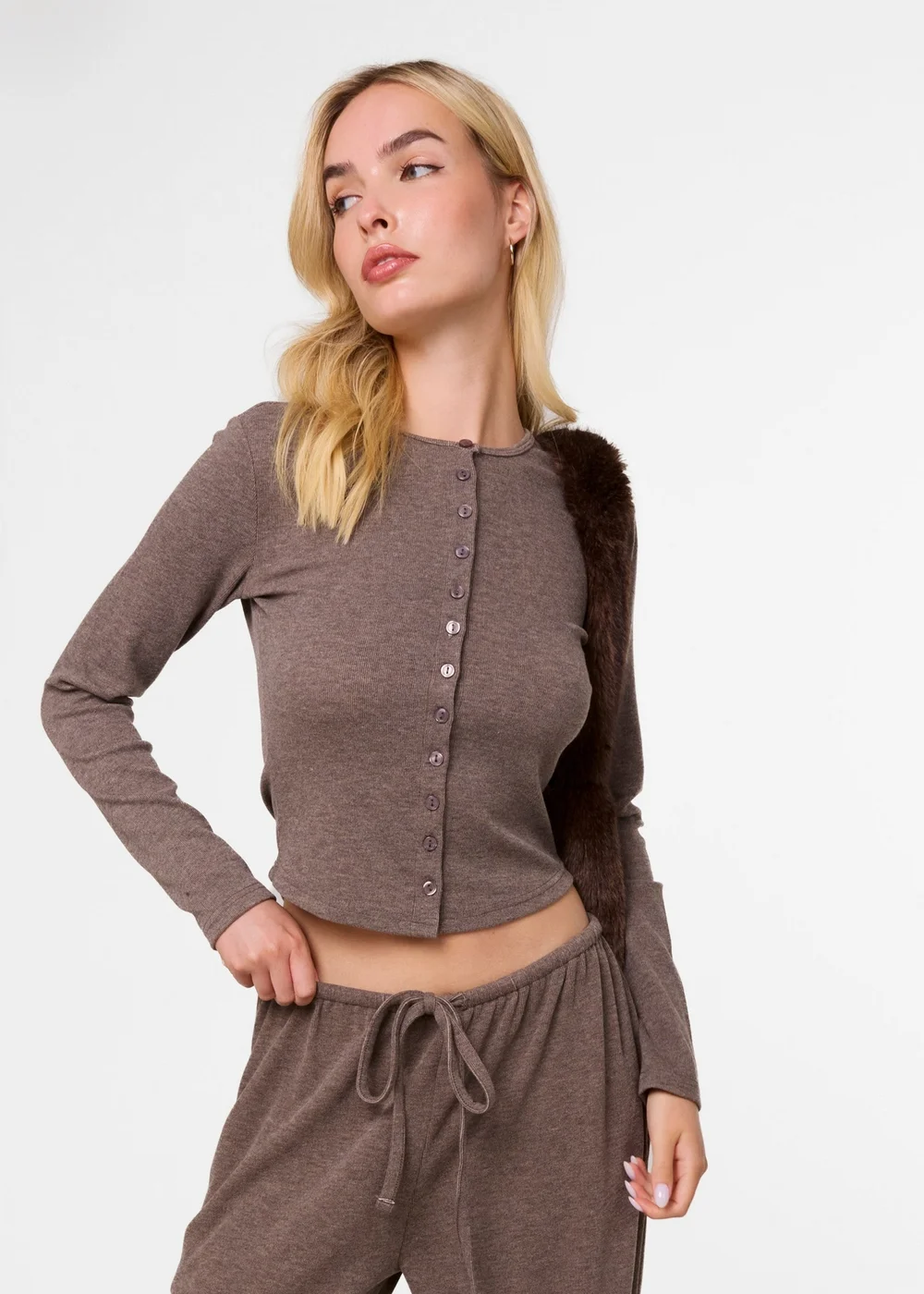 Pink Vanilla Beige Ribbed Button Up Cardigan - M Image 1