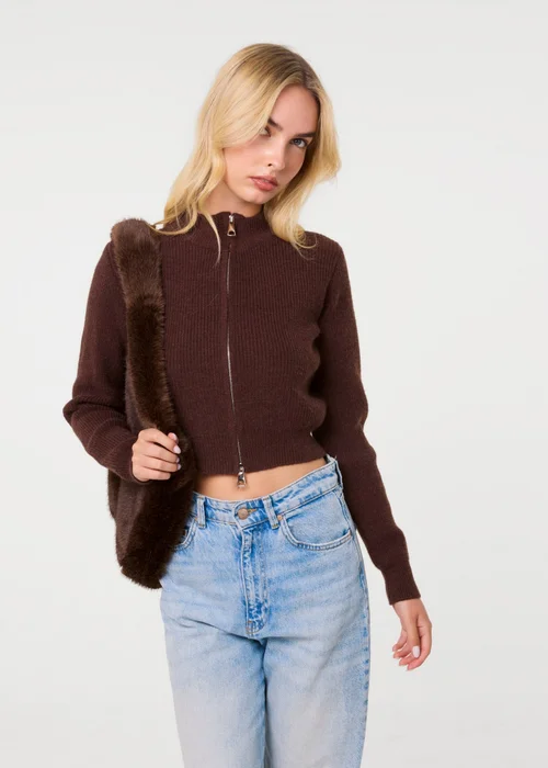 Pink Vanilla Brown Soft Ribbed Zip Through Jumper - M/L Image 3