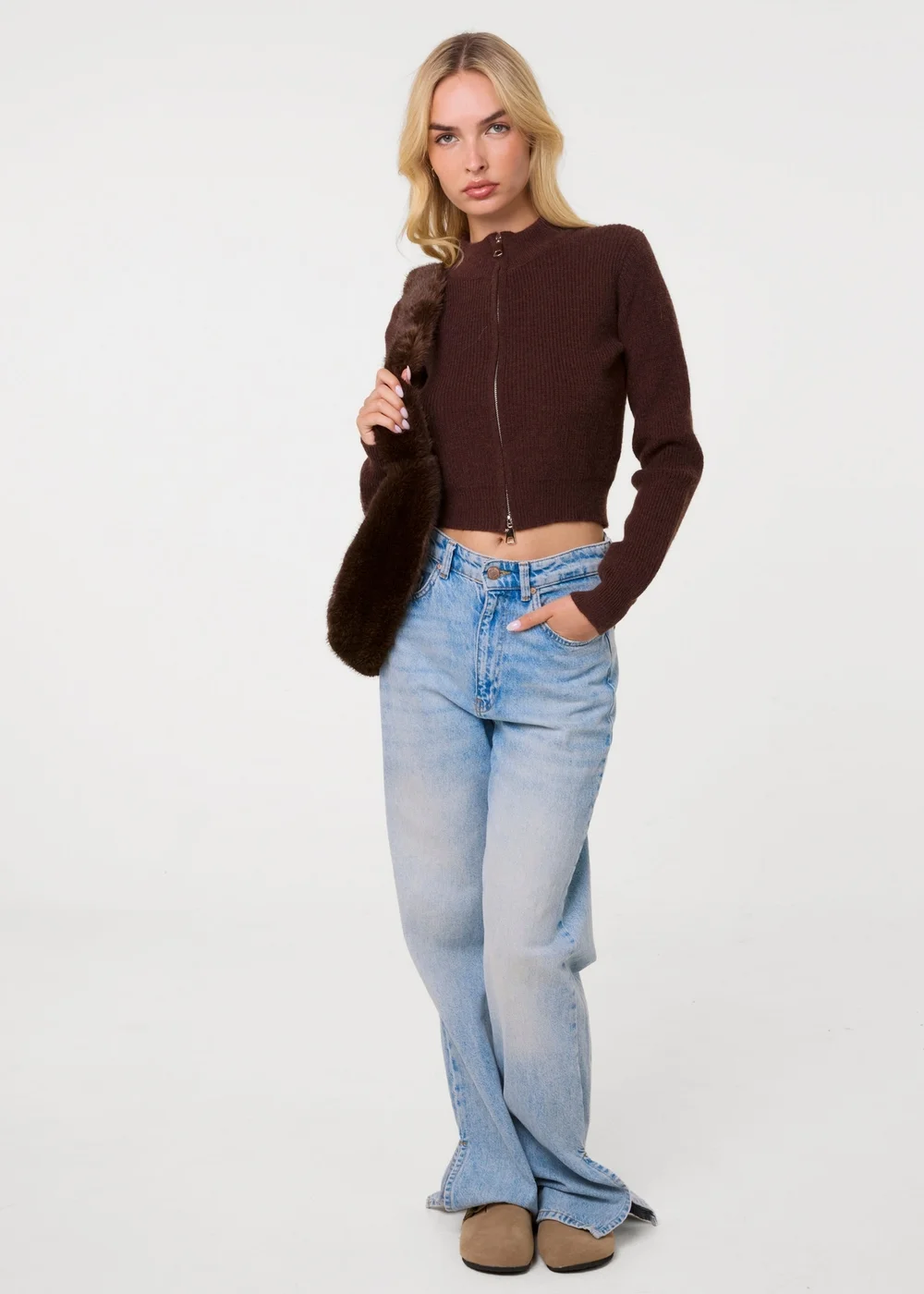 Pink Vanilla Brown Soft Ribbed Zip Through Jumper - M/L Image 2