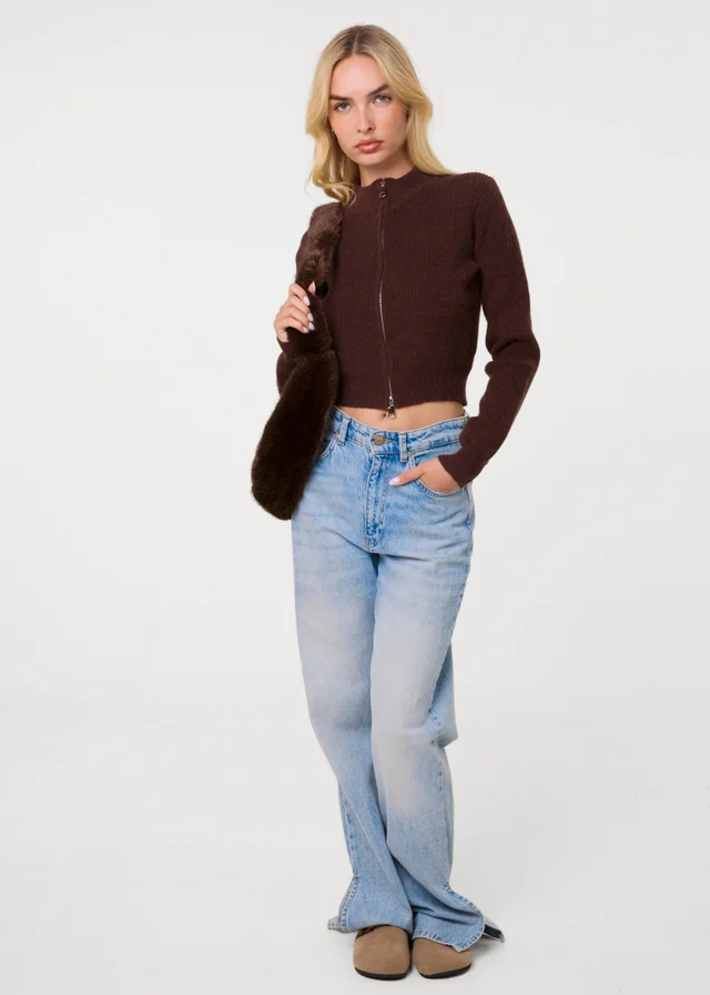 Pink Vanilla Brown Soft Ribbed Zip Through Jumper