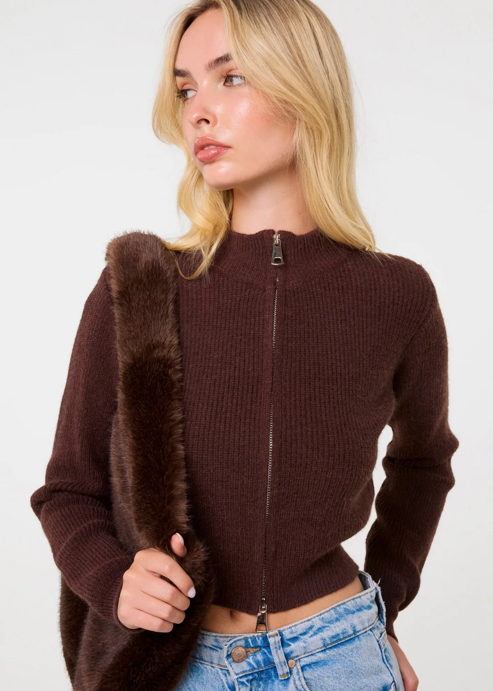 Pink Vanilla Brown Soft Ribbed Zip Through Jumper - M/L Image 1